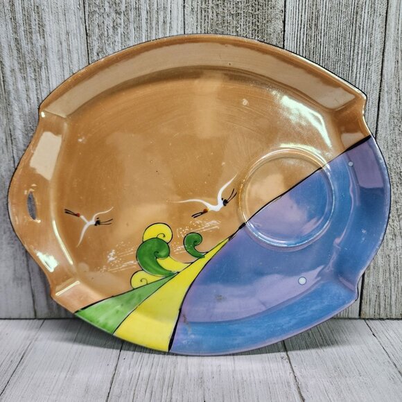 Vintage Gold Castle Chikusa Snack Plate Hand Painted Crane Ocean Wave - Picture 1 of 6